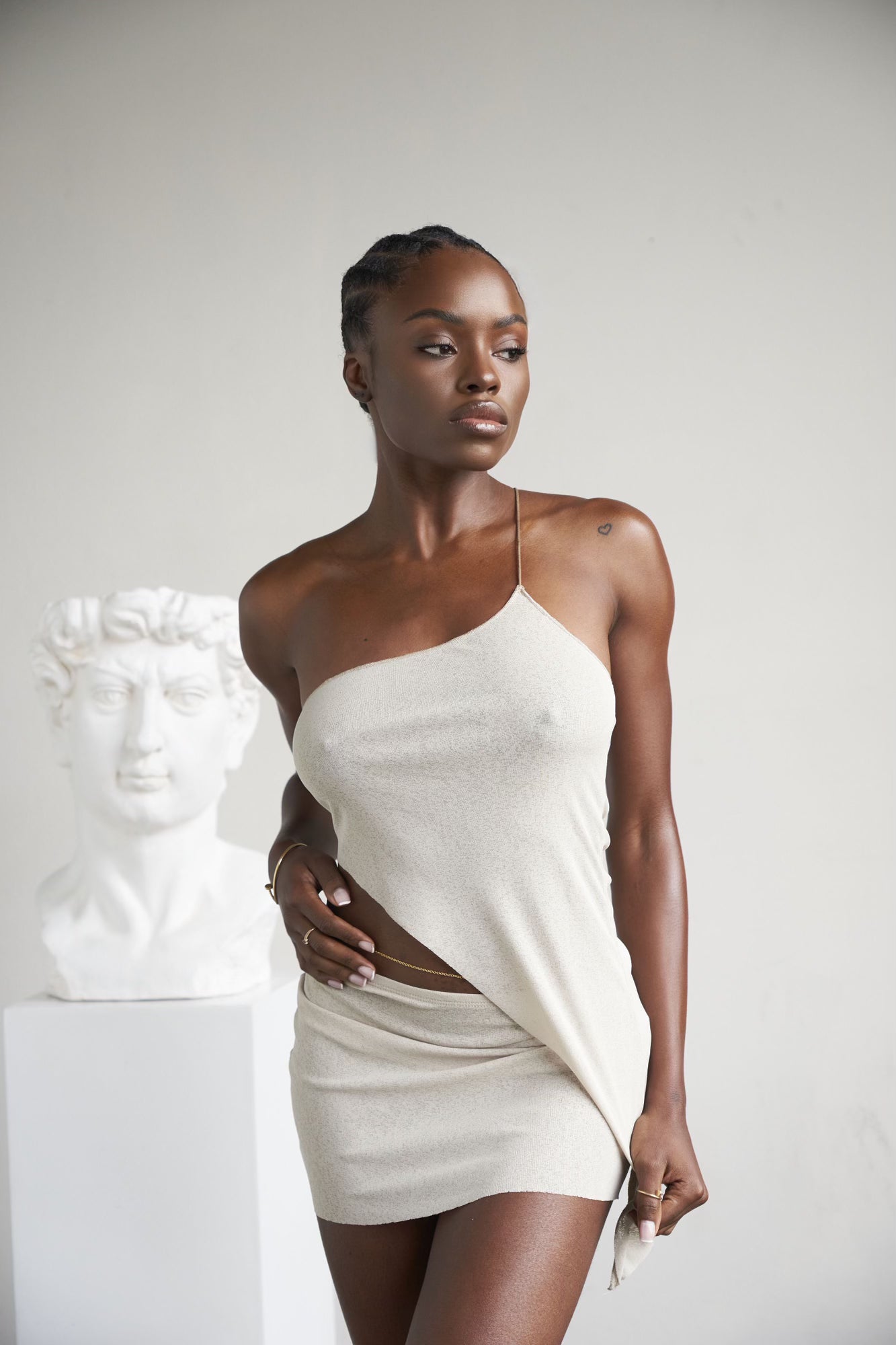 Asymmetrical One-Shoulder Top – Beige Cutout Design