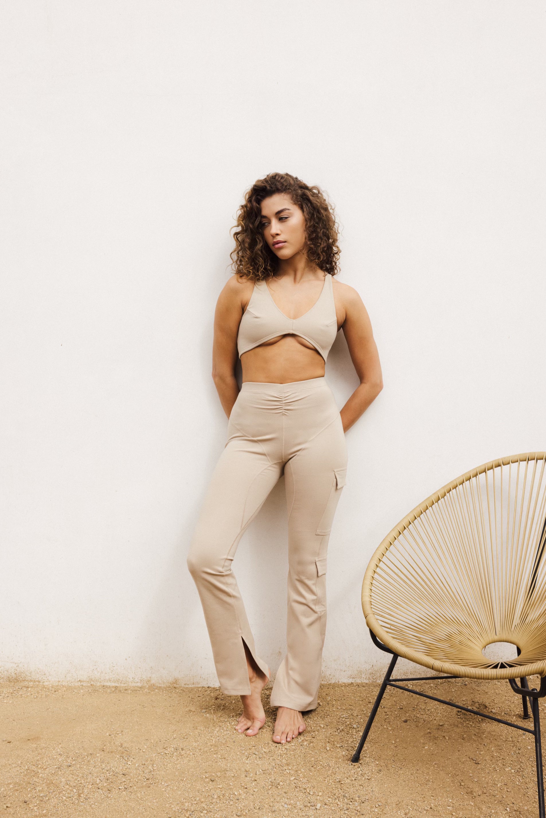 High-Waisted Cargo Flare Pants – Sand Beige